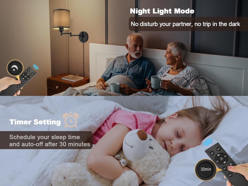 GOODATE Plug in Wall Sconces with Remote Control, Dimming 10%-100% & Adjustable Colors 2700K-6500K, Hardwire or Plug-in, Swing Arm Wall Lamp with Gray Fabric Shade, Wall Sconces Set of Two, Black Finish - Image 4